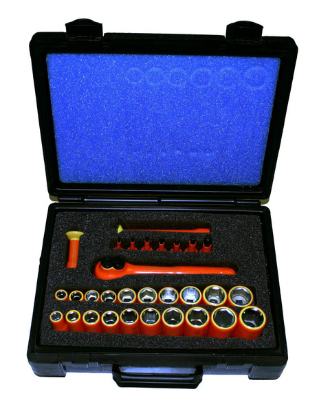 Insulated Deep Wall Socket And Hex Bit Set 30 Piece Three Eighth Inch Drive Kit With Push Button Ratchet in case