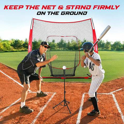 7x7 Foot Baseball Net With Batting Tee For Backyard Hitting And Pitching Practice shown with batter and coach on field