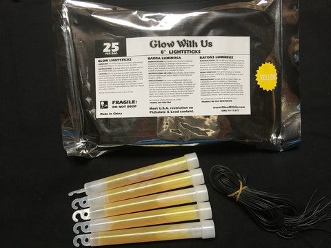 Bulk 100 Industrial Grade 6 Inch Yellow Glow Sticks Set Long Lasting 12 To 14 Hour Glow Safety Light Sticks With Loop Tops 3 Year Shelf Life Includes 4 Bags Of 6 Perfect For Parties Events Camping And Emergency Gear package and glow sticks