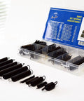 54 Piece Extension Spring Set In Durable PP Storage Case With Built In Size Chart, Black Oxide Finish on table