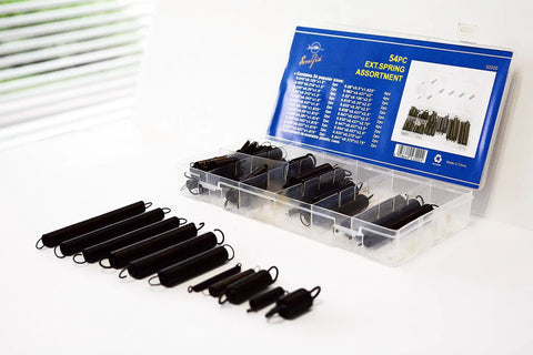 54 Piece Extension Spring Set In Durable PP Storage Case With Built In Size Chart, Black Oxide Finish on table
