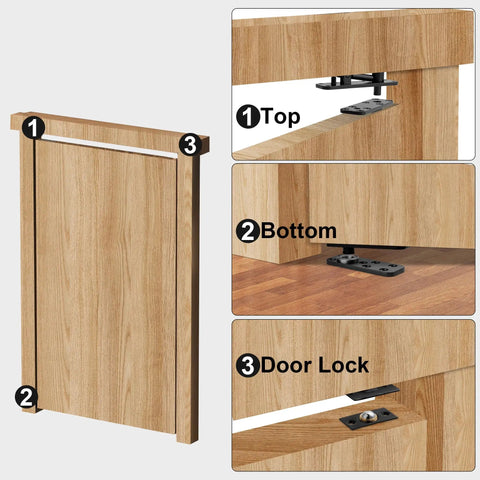 Heavy Duty Hidden Door Pivot Hinge For Cabinets And Secret Doors With 570 Lb Load Bearing installed on hidden wood door, top and bottom views