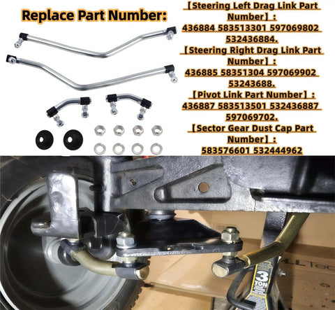 Adjustable Steering Drag Link Kit For Craftsman Lawn Tractors Replacement Left And Right Sides With Pivot Link And Sector Gear Dust Cap Durable OEM Style Parts Fits 532436884 532436885 And Similar Models, installed on steering linkage