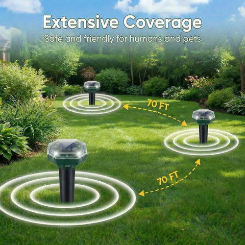 Solar Powered Ultrasonic Mole And Gopher Repeller Pack Of Four Waterproof Outdoor Pest Deterrents placed in a garden lawn