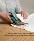 ProGrade 9 Inch Pinking Shears Stainless Steel No Fray Zigzag Cut For Clean Edges And Long Lasting Sewing Projects From Garments To Quilts Featuring Precision Edge Control And Durable Comfortable Grip, teal handle cutting white fabric