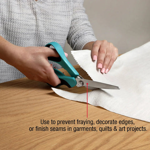 ProGrade 9 Inch Pinking Shears Stainless Steel No Fray Zigzag Cut For Clean Edges And Long Lasting Sewing Projects From Garments To Quilts Featuring Precision Edge Control And Durable Comfortable Grip, teal handle cutting white fabric