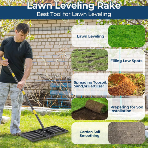 Man using Heavy Duty Lawn Leveling Rake With 27 Inch Wide Head And 72 Inch Adjustable Handle Foldable Yard Leveler for soil leveling