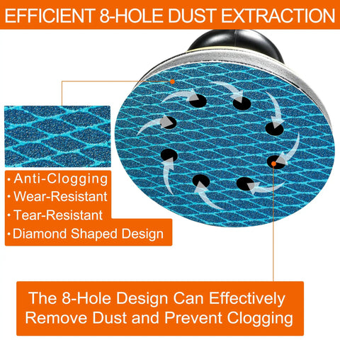 Diamond Shape 5 Inch Sanding Discs Kit With 80 Pack 8 Hole Hook And Loop Sandpaper Set Pro Grade Interface Pad Included Grit Range 60 Through 400 For Random Orbital Sander On Wood Metal And Drywall showing efficient 8-hole dust extraction and anti-clogging features.
