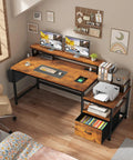 56.5 Inch Rustic Brown Office Desk With Drawers Printer Space And Filing Cabinet Shelves And Two Monitor Stand Perfect For Home Office Study And Gaming Setups, featuring a dual monitor setup and storage space in a cozy home setting