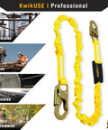 RATTLER 4 Pack Internal Shock Absorber 6Ft Safety Lanyard With Snap Hooks shown with usage in scaffolding, roofing, and tree trimming.