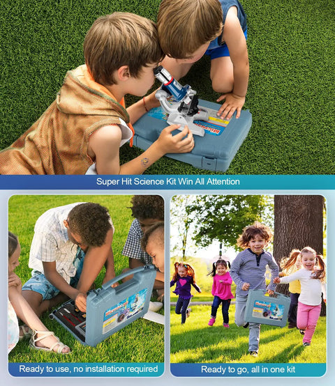 Children using Hands On Kids Microscope Kit With 100X To 1200X Magnification Metal Body LED Light Carrying Case 58 Piece