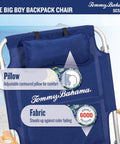 Close-up of Big Boy 4-Position Folding Backpack Chair in navy with adjustable neck pillow and fabric details.
