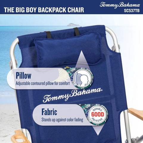 Close-up of Big Boy 4-Position Folding Backpack Chair in navy with adjustable neck pillow and fabric details.