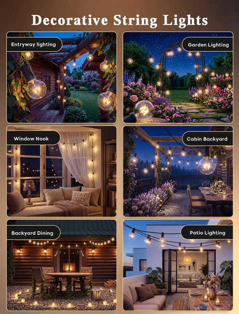 Decorative examples of 50 Foot G40 Globe Outdoor String Lights With 53 Bulbs And 3 Spares Waterproof for various settings