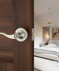 Wave Lever Keyed Entry Door Lock Set In Silver For Lefty Doors With Three Keys Included Adjustable Backset Installed on Door