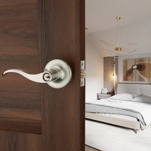Wave Lever Keyed Entry Door Lock Set In Silver For Lefty Doors With Three Keys Included Adjustable Backset Installed on Door