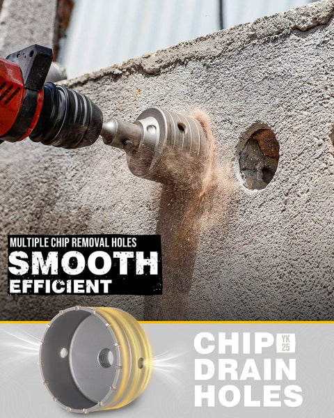 Four And A Half Inch Concrete Hole Saw Kit With Tungsten Carbide Teeth in action drilling through concrete wall