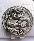 Dragon Golf Ball Marker With Hat Clip, Crystal Red Eye Design, metallic dragon detail on pewter background