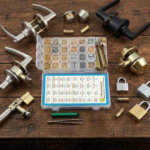 1000 Piece KW1 Pro Grade Rekey Kit With Cylinder Service Tools for Home Security Doors, including locks and accessories on display