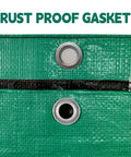 Close-up of Heavy Duty 15x15 Ft Waterproof Tarp with rust-proof grommets, green and black, UV resistant, 10 mil thick.