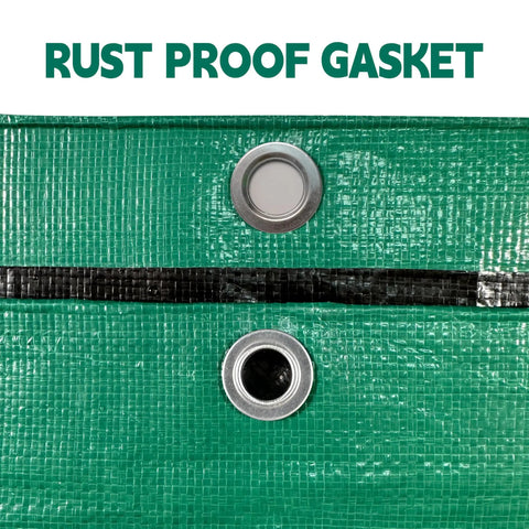 Close-up of Heavy Duty 15x15 Ft Waterproof Tarp with rust-proof grommets, green and black, UV resistant, 10 mil thick.