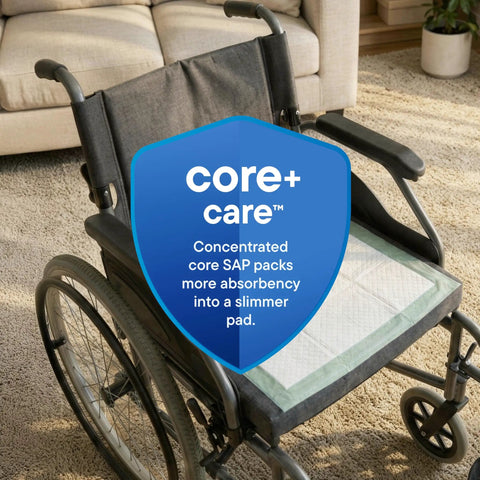 Super Absorbent Disposable Underpads 50 Pack 17 By 24 Inch Leak Proof Pee Pads For Dogs And Puppies Adult Incontinence Liners And Baby Changing Sheets on a wheelchair.