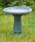 Fiberclay Bird Bath Outdoor Garden Decor Green, 20-Inch Tall Weather Resistant Water Bowl For Backyard And Patio, Antique Vintage Look