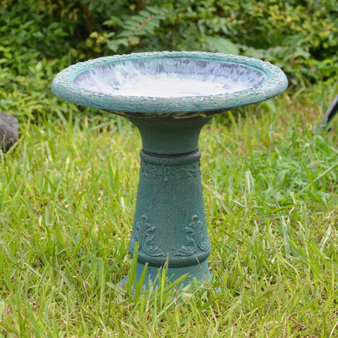 Fiberclay Bird Bath Outdoor Garden Decor Green, 20-Inch Tall Weather Resistant Water Bowl For Backyard And Patio, Antique Vintage Look