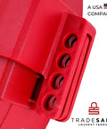 Close-up of red heavy duty gate valve lockout tagout device for 18 to 24 inch valve handles, showing secure lock holes.