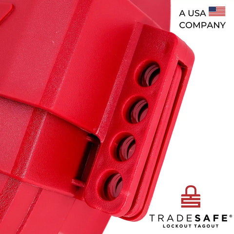 Close-up of red heavy duty gate valve lockout tagout device for 18 to 24 inch valve handles, showing secure lock holes.