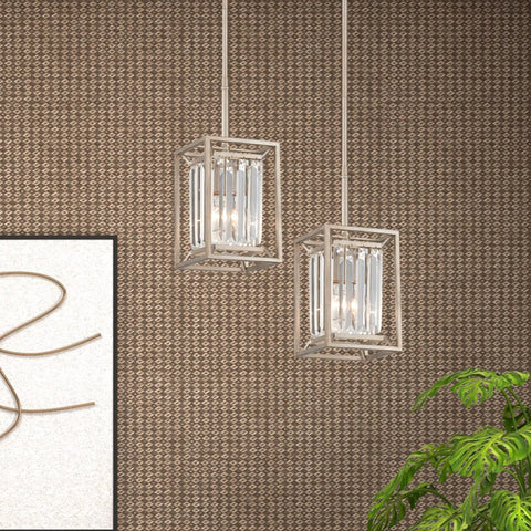 Linares 1 Light Mini Pendant With Crystal Prism Shade In Dope Aged Platinum Finish Steel Fixture hanging on textured wall