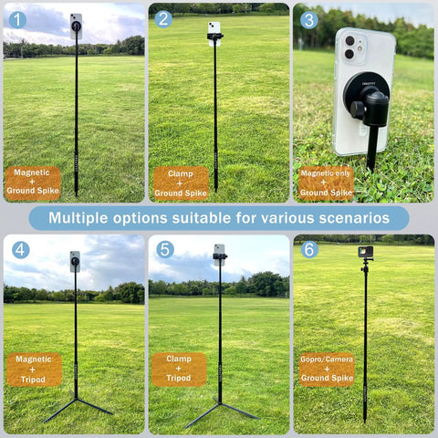 All In One Golf Swing Selfie Stick With Ground Spike And Tripod showing different attachments for various scenarios on grass