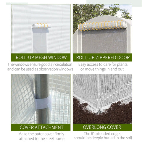 Walk In Tunnel Greenhouse Kit features roll-up mesh windows and zippered door with clear cover and steel frame for easy setup.