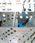 Installing Top Shelf Carbon Steel Rivet Nuts M6 Thread Inserts Half Hex Nutsert Assortment Kit 60 Pieces with tools on metal.