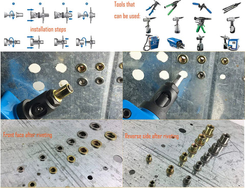 Installing Top Shelf Carbon Steel Rivet Nuts M6 Thread Inserts Half Hex Nutsert Assortment Kit 60 Pieces with tools on metal.