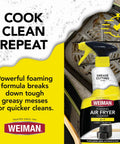 Weiman Foaming Air Fryer Cleaner bottle with yellow spray nozzle beside a greasy air fryer basket