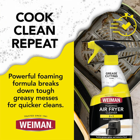 Weiman Foaming Air Fryer Cleaner bottle with yellow spray nozzle beside a greasy air fryer basket