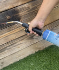 Two 1Lb Empty Propane Tanks for Torch Soldering and Welding, Refillable blue cylinder in use on wooden surface