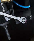 Hard Working 6 Piece Metric Double Box End Ratcheting Wrench Set With Universal Spline Heads And Slick Chrome Vanadium Finish in use on a tool.
