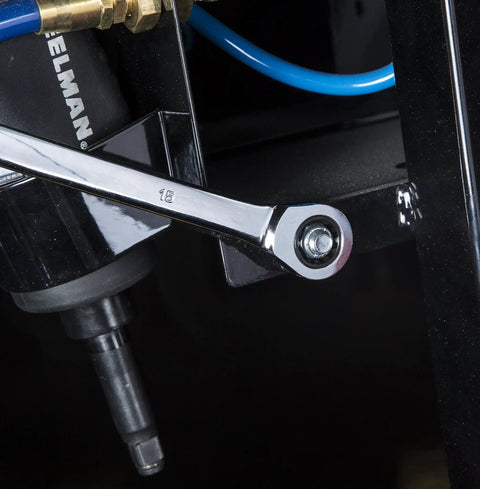 Hard Working 6 Piece Metric Double Box End Ratcheting Wrench Set With Universal Spline Heads And Slick Chrome Vanadium Finish in use on a tool.