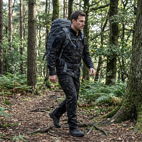 Kickass Mens Tactical Jacket And Pants Set Windproof Military Hunting ACU Uniform Suit Lightweight Moisture Wicking in outdoor setting.