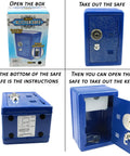 Metal Kids Safe Bank With Key And Combination Lock In Blue shown with packaging, instructions, and open view showing interior.