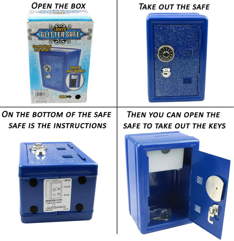 Metal Kids Safe Bank With Key And Combination Lock In Blue shown with packaging, instructions, and open view showing interior.