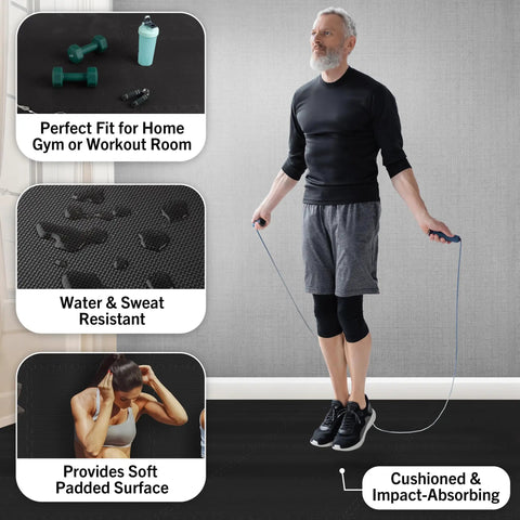 Man using jump rope on Interlocking EVA Foam Tile Mats 4-Pack For 16 Sq Ft Of Cushioned Flooring in home gym setting