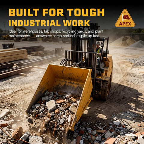 Heavy Duty Tough As Nails 3 Yard Self Dumping Hopper Forklift Tilt Skip handling debris at a job site.