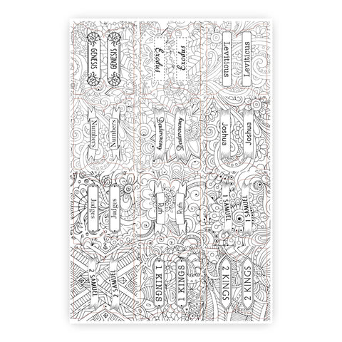 Totally Awesome Colorable Bible Index Tabs With Easy Peel And Stick Format featuring line art designs for verse navigation.