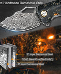 Damascus Steel Pocket Folding Knife With 2.45 Inch Razor Sharp Blade Handmade Craftsmanship Stabilized Wood Handles Cowhide Sheath EDC