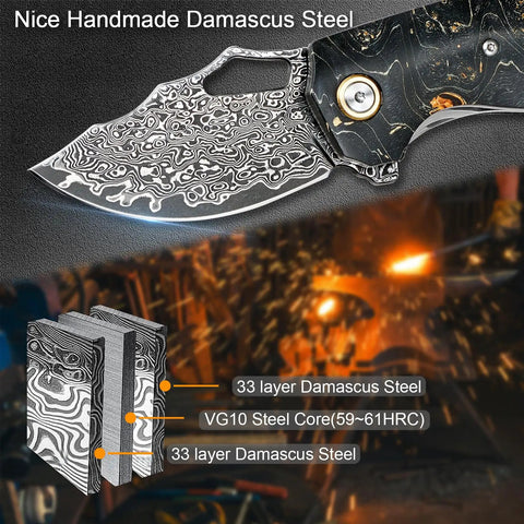 Damascus Steel Pocket Folding Knife With 2.45 Inch Razor Sharp Blade Handmade Craftsmanship Stabilized Wood Handles Cowhide Sheath EDC