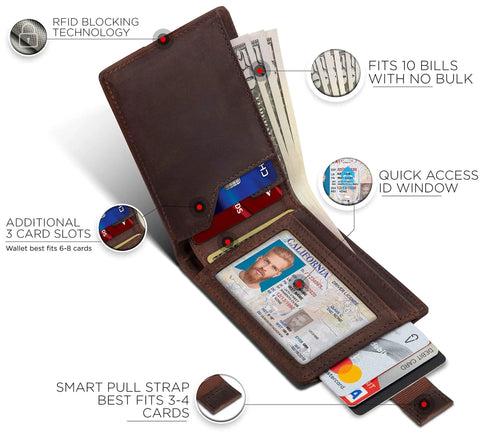RFID Blocking Slim Bifold Leather Wallet For Men, Front Pocket Minimalist Billfold open with cards and cash, Texas Brown 2.0