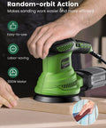 Powerful Pro Grade 300W Random Orbital Sander With Six Variable Speeds 6000 To 13000 RPM Electric Palm Sander in use on wood